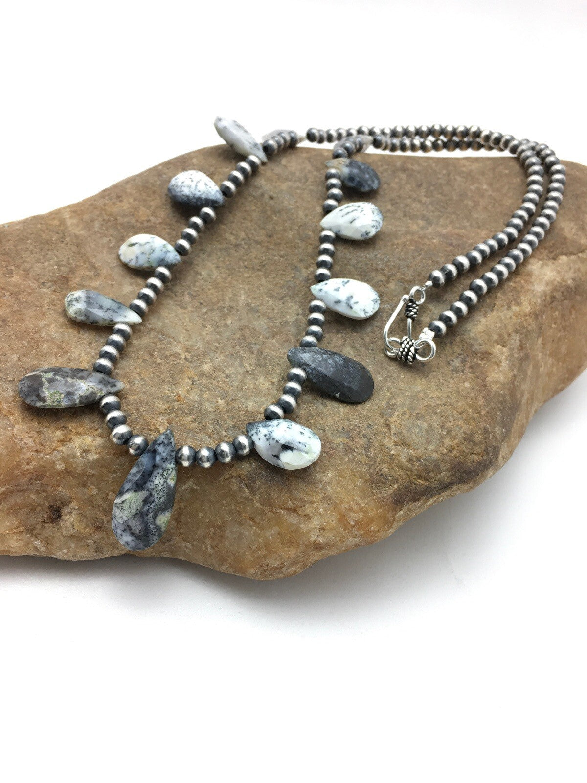 Black Rutilated Opal Pear Shaped Navajo Pearls Sterling Silver Necklace 04090