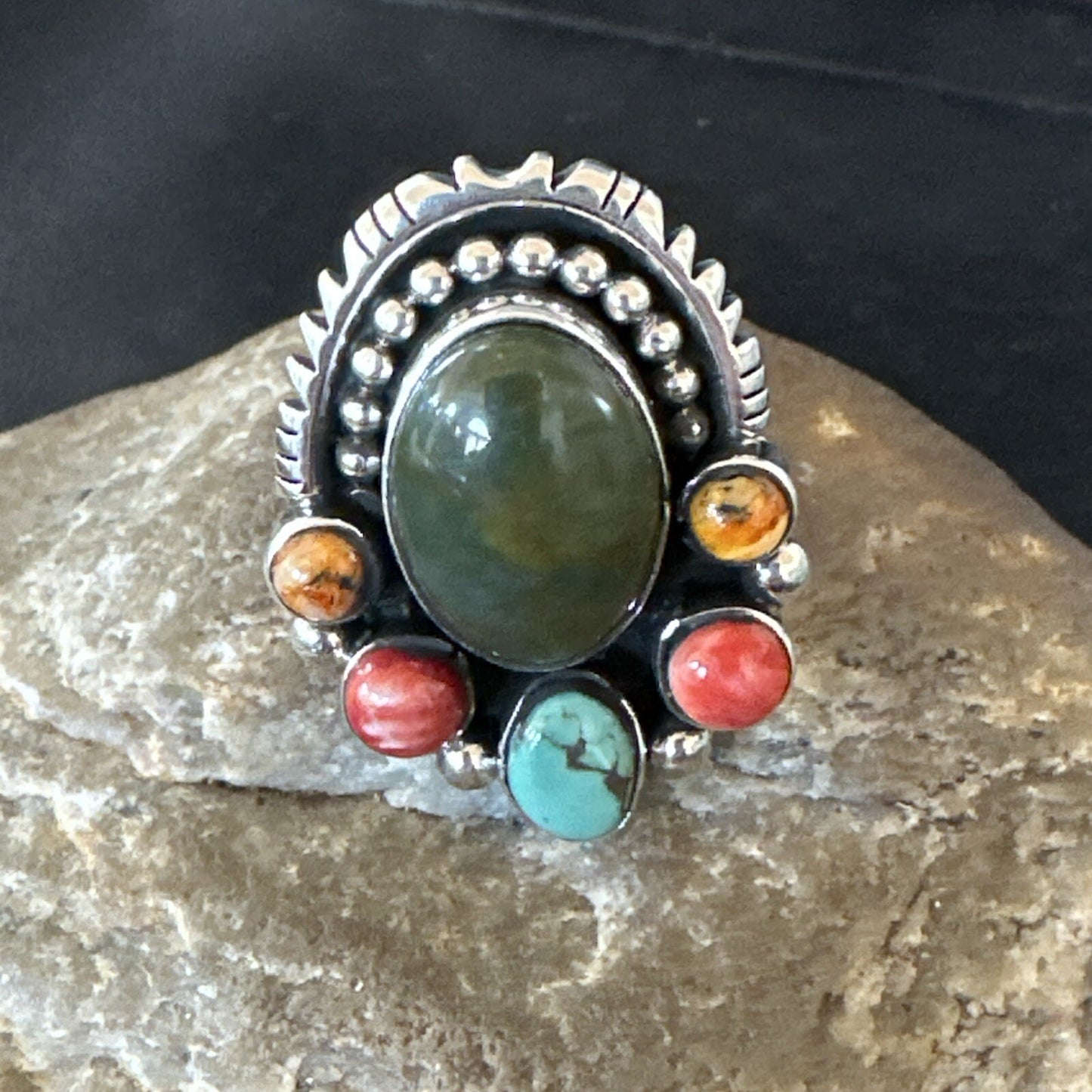 Cluster Blue Turquoise Spiny Oyster Sterling Silver Ring Size 8 18567