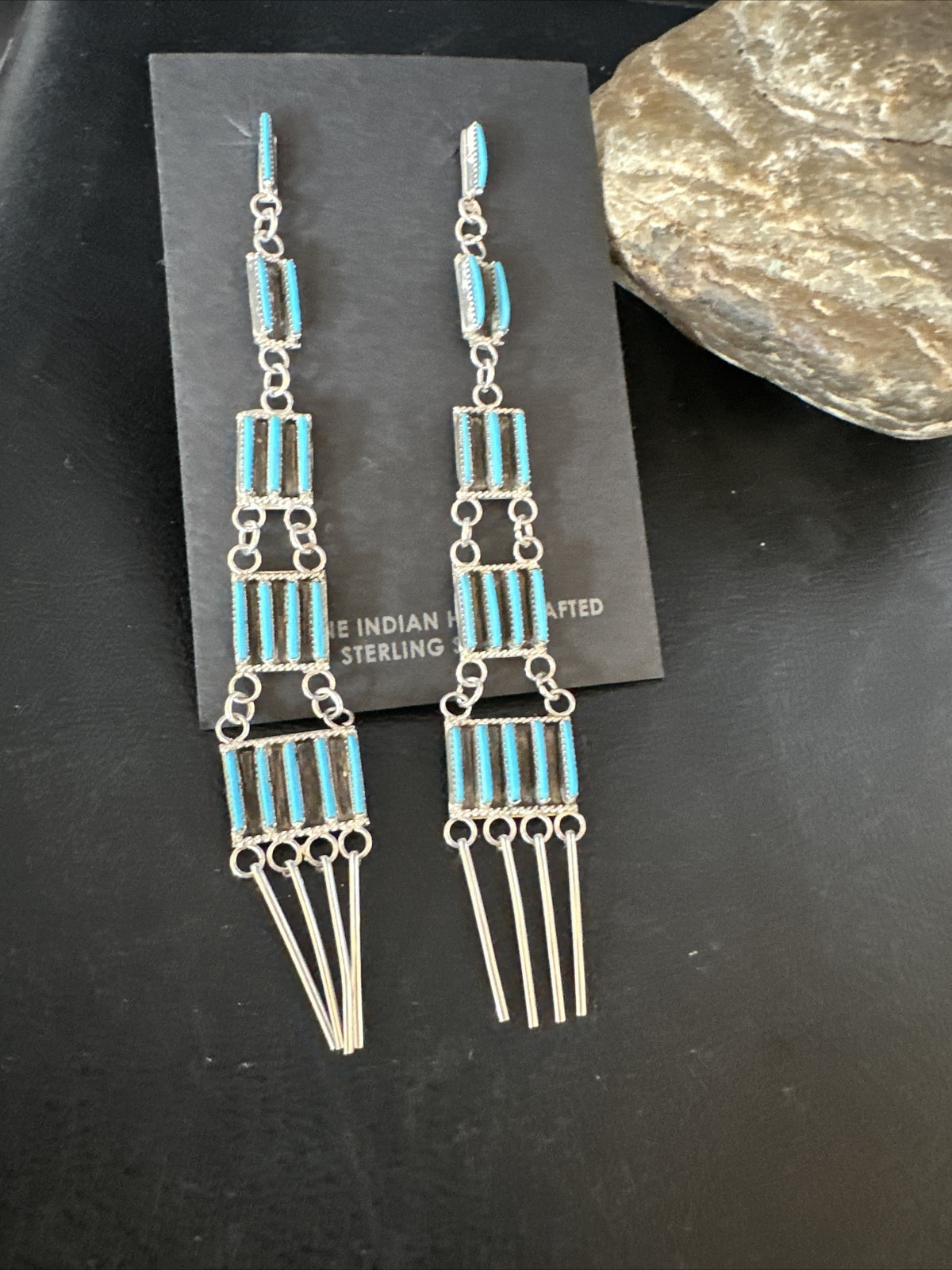 Kingman Turquoise Needle Point Zuni Sterling Silver 5 Tier Dangle Earrings 18636