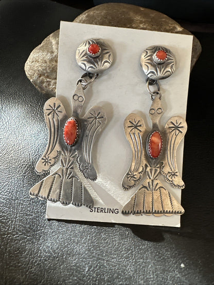 Thunderbird Navajo Womens Stamped Spiny Dangle Earrings Sterling Silver 19787