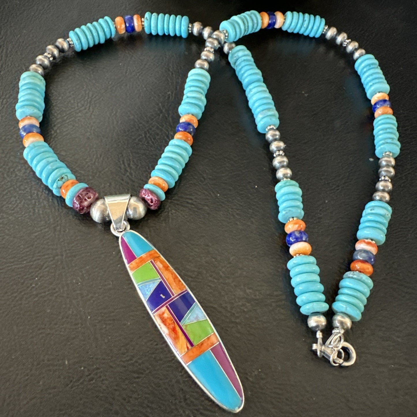 Multicolor Turquoise Spiny Navajo Sterling Silver Inlay Pendant Necklace 19644