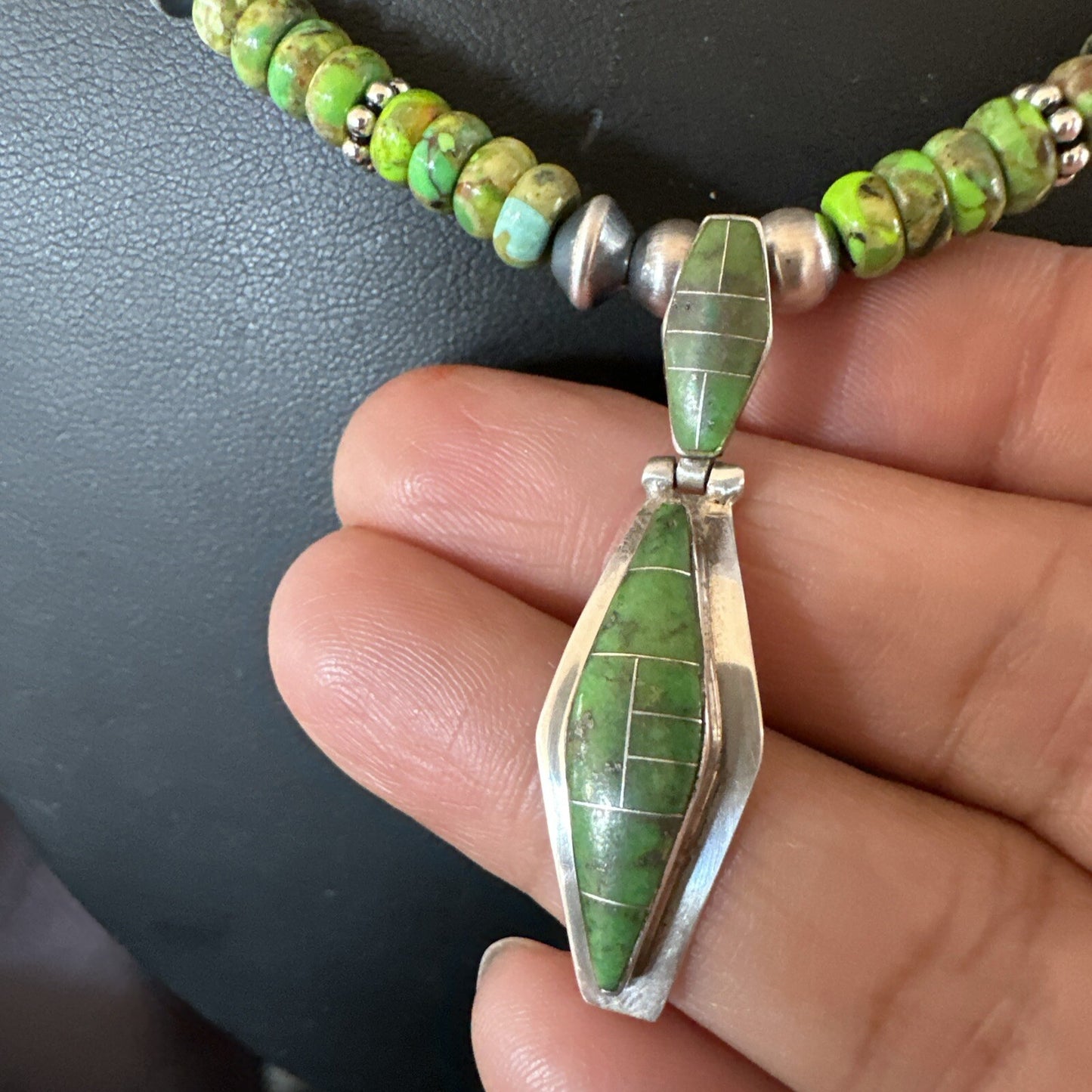 Womens Green Gaspeite Turquoise Pendant Navajo Sterling Silver Necklace 17881