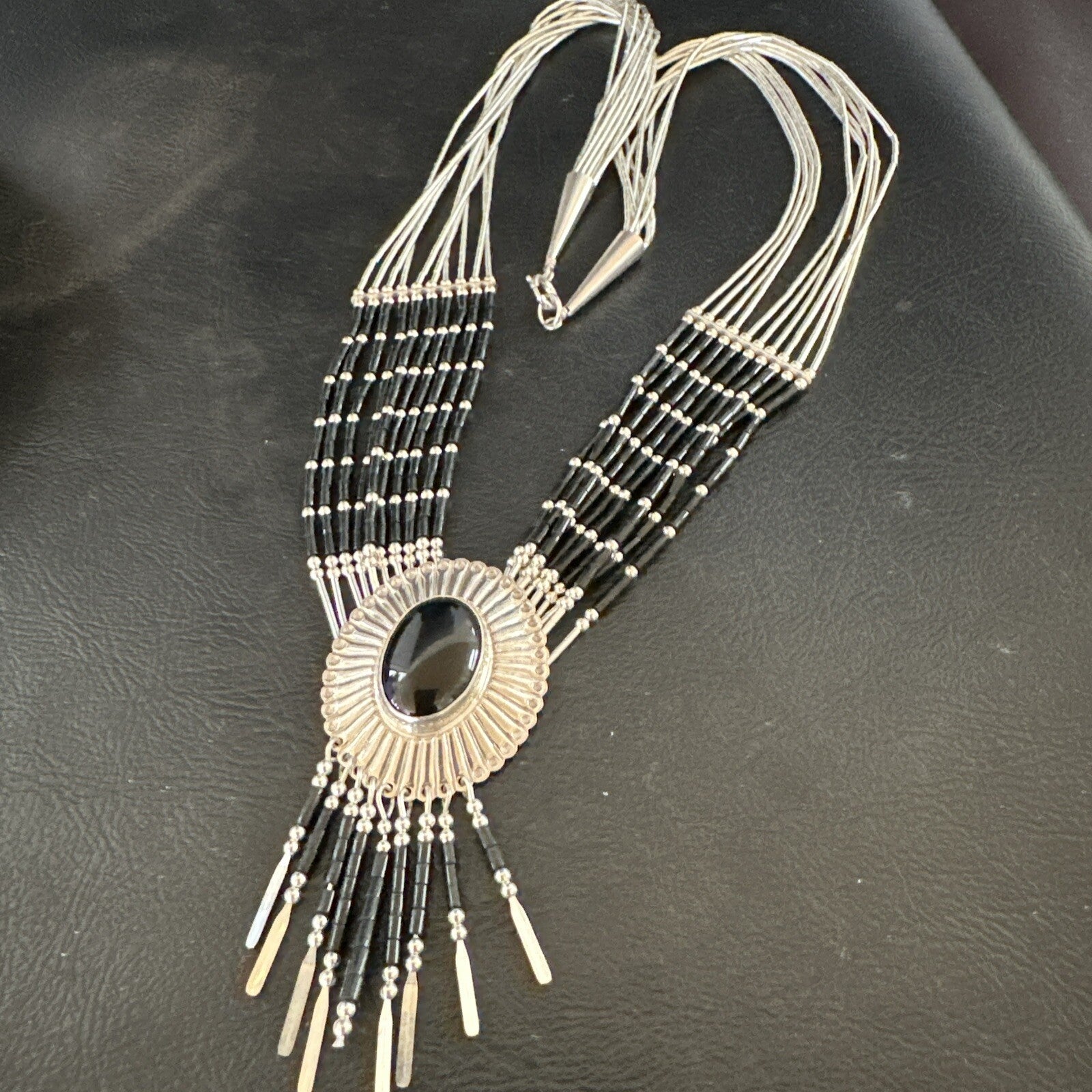 Black Onyx Liquid Silver 10S Heishi Tubes 19" Necklace Concho Pendant 17707