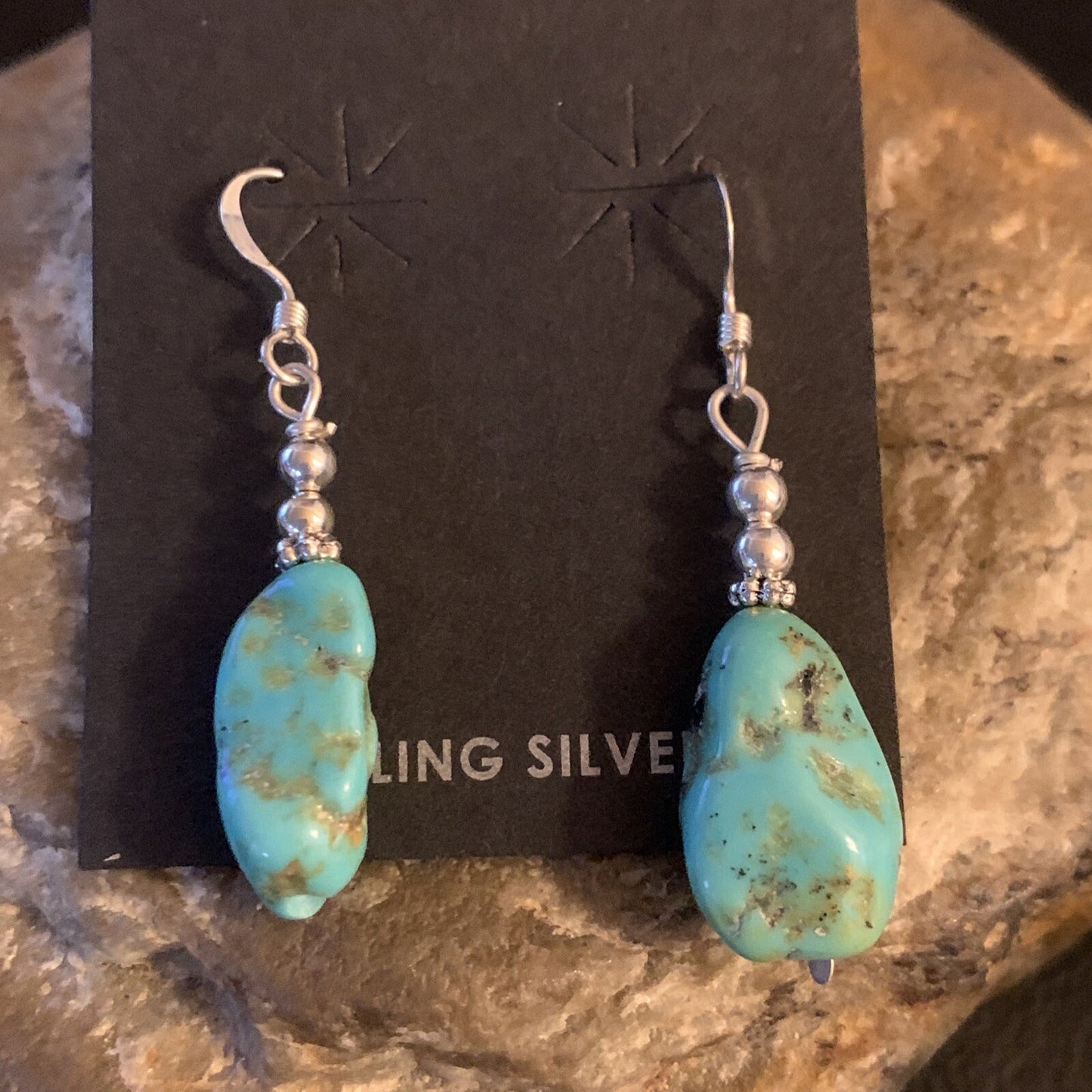 Blue Turquoise Nugget Sterling Silver Beads Navajo Earrings 1" 12892