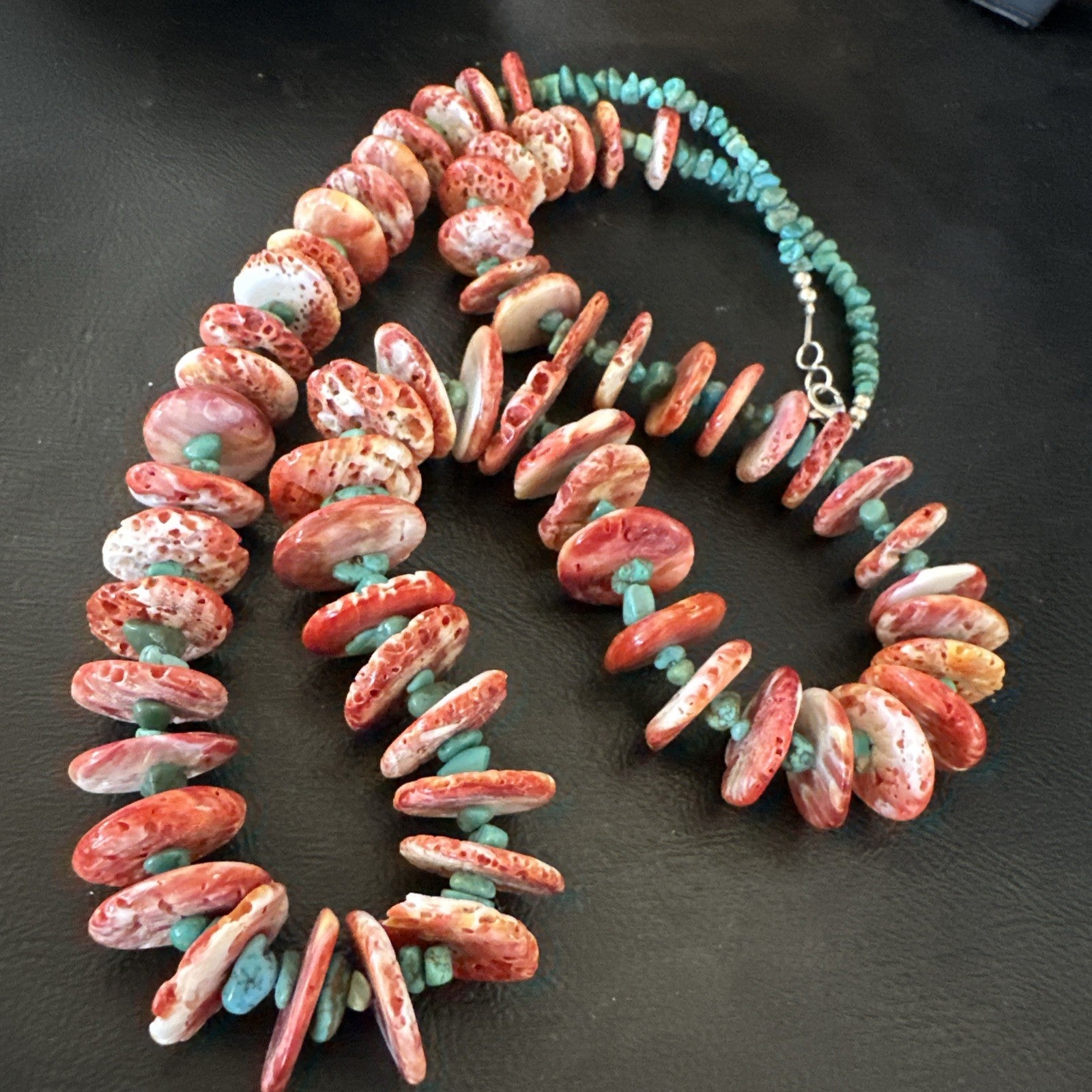 Red Spiny Oyster  Blue Turquoise Navajo Sterling Silver Necklace 28" 19718