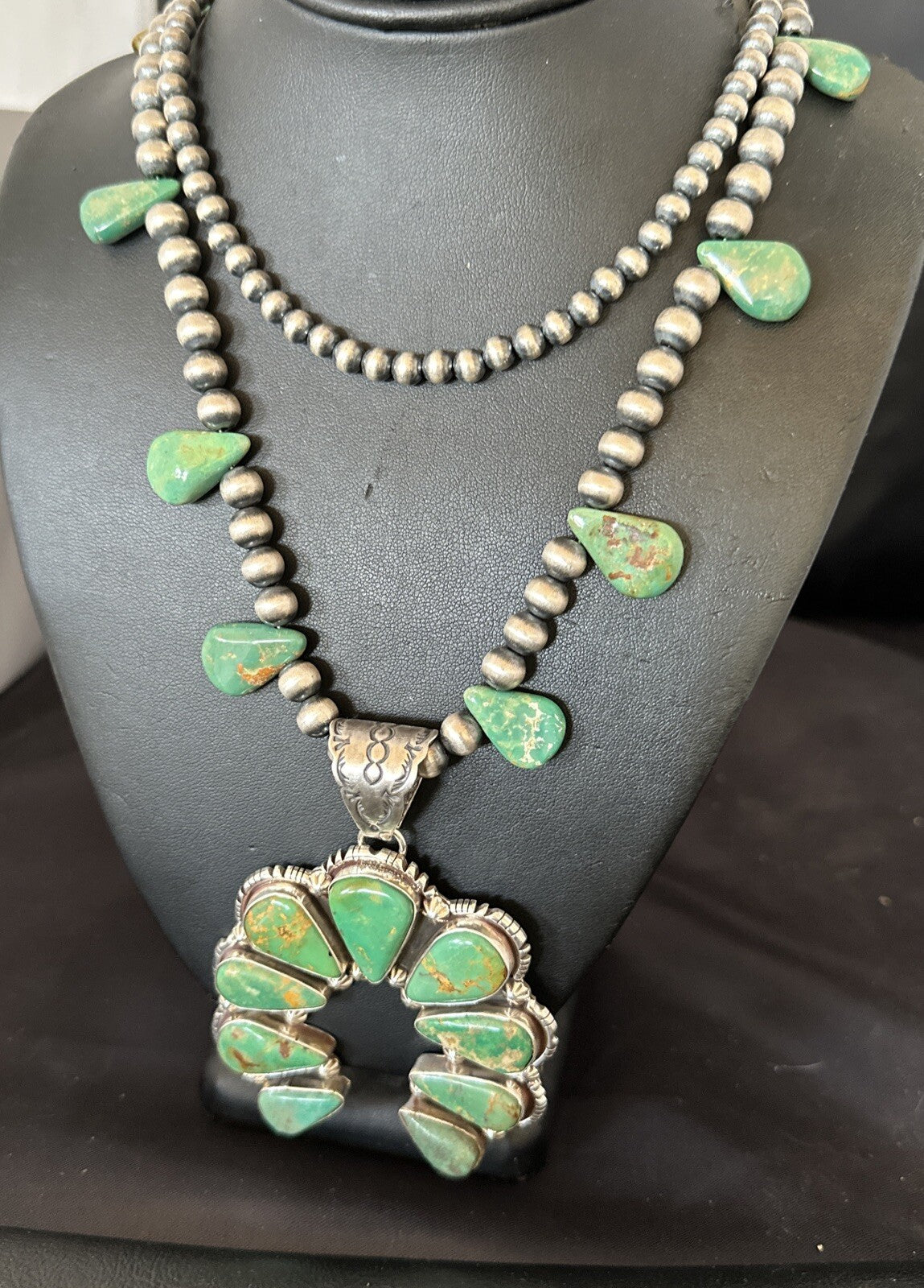 Mens Green Turquoise Naja Pendant Navajo Sterling Silver Necklace 28" 17380