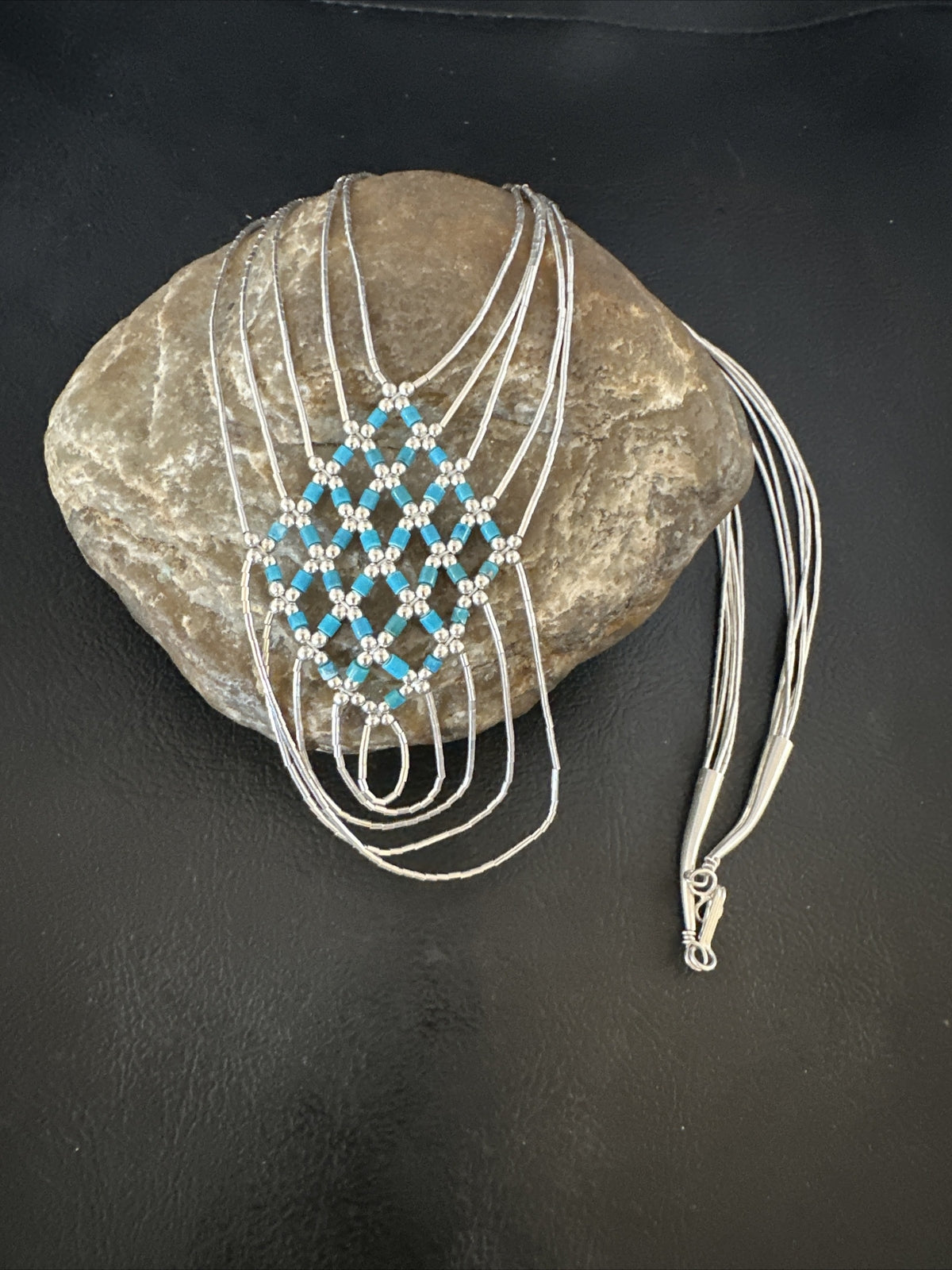 Crisscross Blue Turquoise Heishi Liquid Sterling Silver 5S Necklace 20" 15881