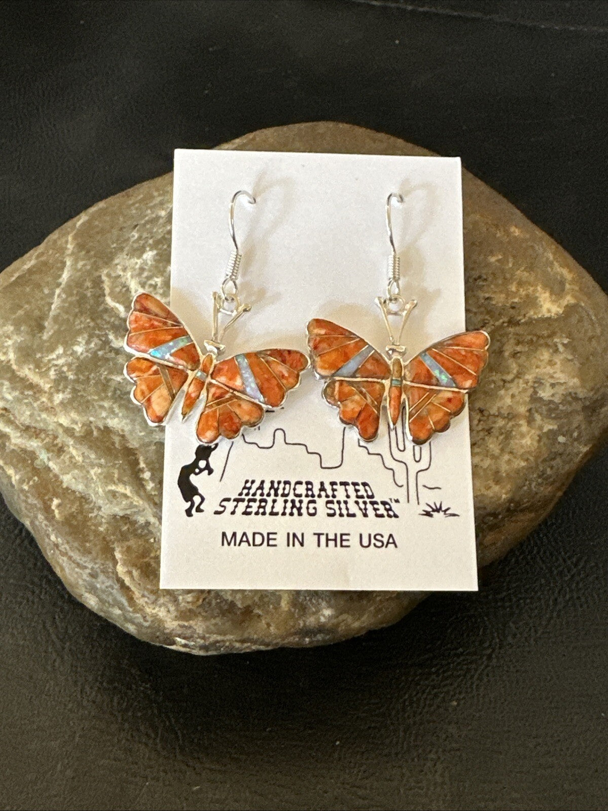 Butterfly Orange Spiny Oyster Opal Inlay Sterling Silver Dangle Earrings 18555