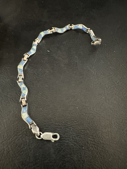 Native Womens Blue Opal Lapis Inlay Link Bracelet 7" Sterling Silver 17726