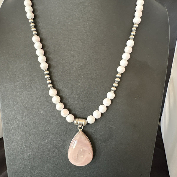 Southwestern Pink Queen Conch Bead Necklace Pendant 20" | Sterling Silver | Authentic Native American Handmade | 19583
