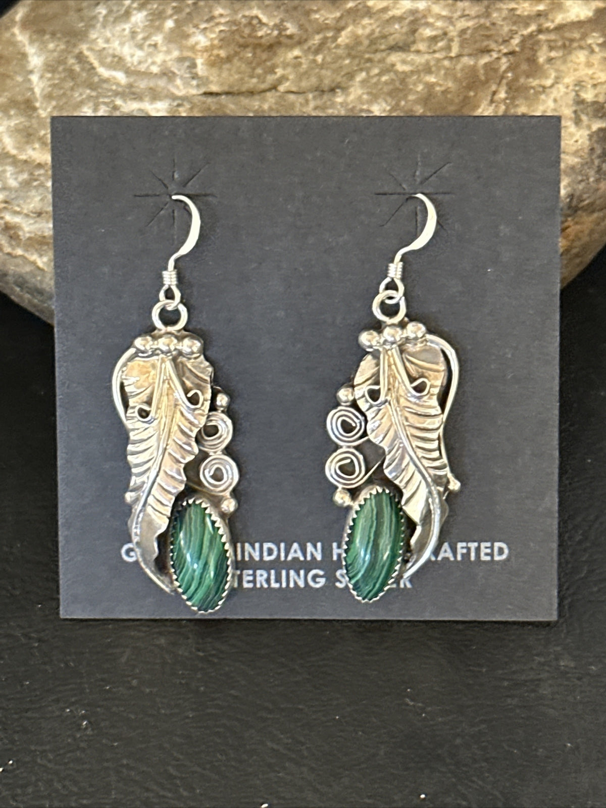 Green Malachite Navajo Sterling Silver Dangle Earrings 14761