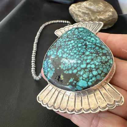 WoMens Blue Spiderweb Turquoise Pendant Navajo Sterling Silver Necklace 19299