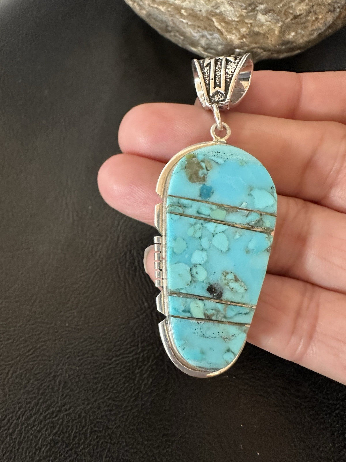 Navajo B E Inlay 925 Sterling Silver Turquoise Pendant Cobblestone 2.5" 19398