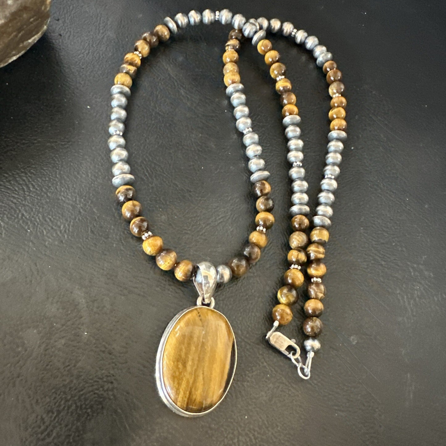 Coffee Brown Tigers Eye Sterling Silver Pendant Necklace Southwestern 18283
