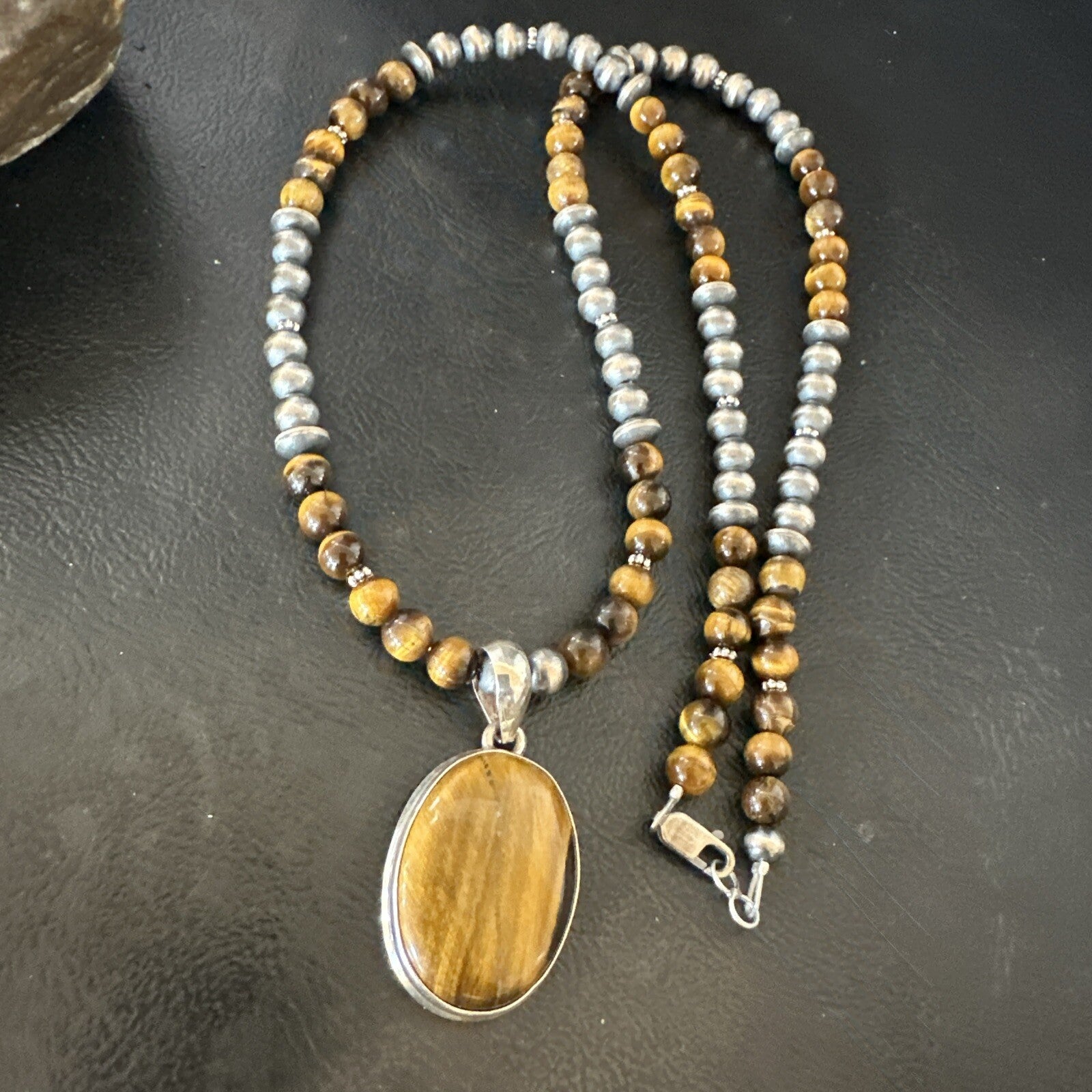 Coffee Brown Tigers Eye Sterling Silver Pendant Necklace Southwestern 18283