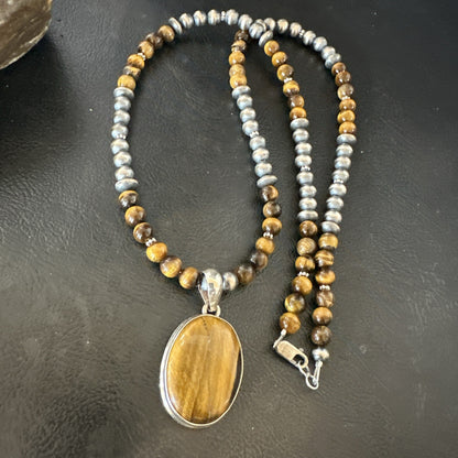 Coffee Brown Tigers Eye Sterling Silver Pendant Necklace Southwestern 18283