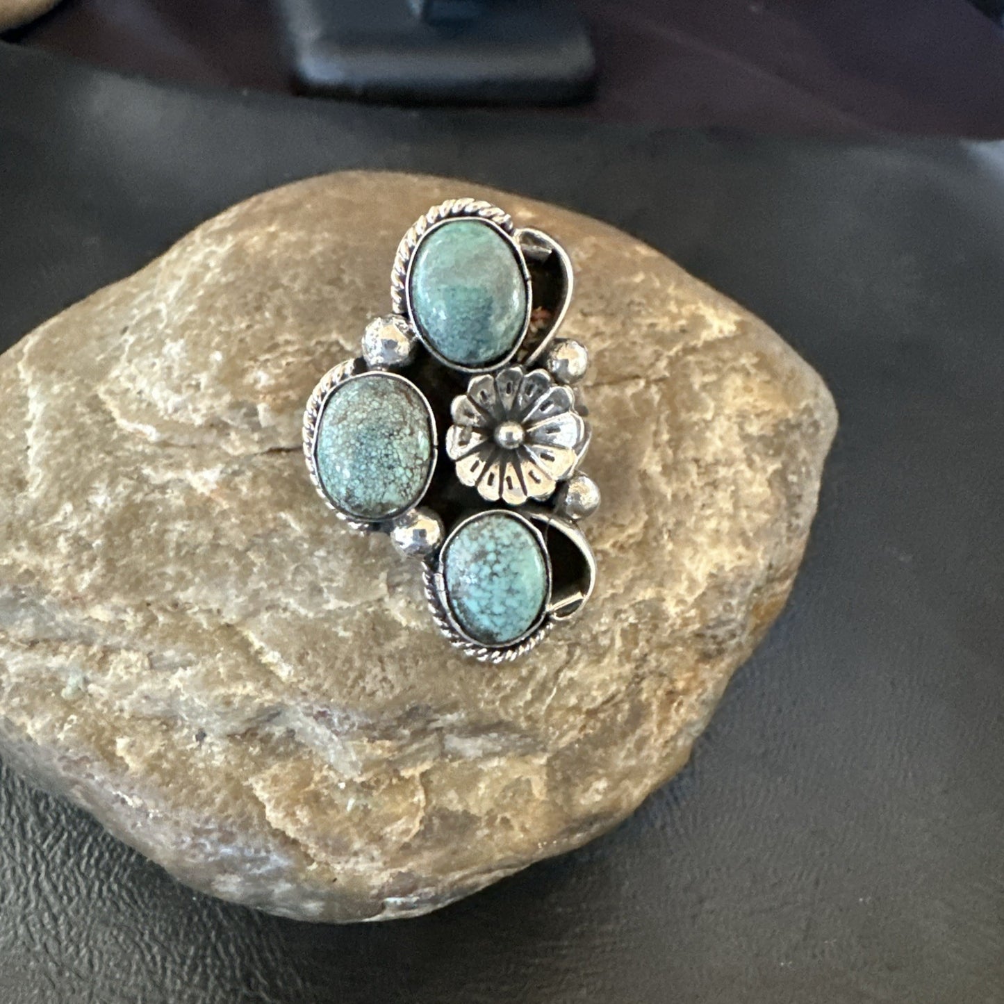 Yazzie Ring Blue Turquoise Navajo Sterling Silver Cluster Size 8 19239