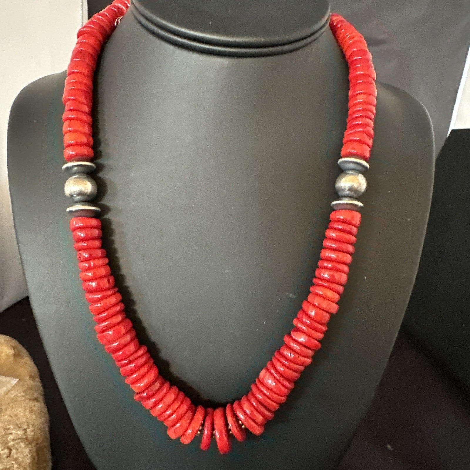 Red Bamboo Coral Navajo Sterling Silver Bead Necklace 19" 19227