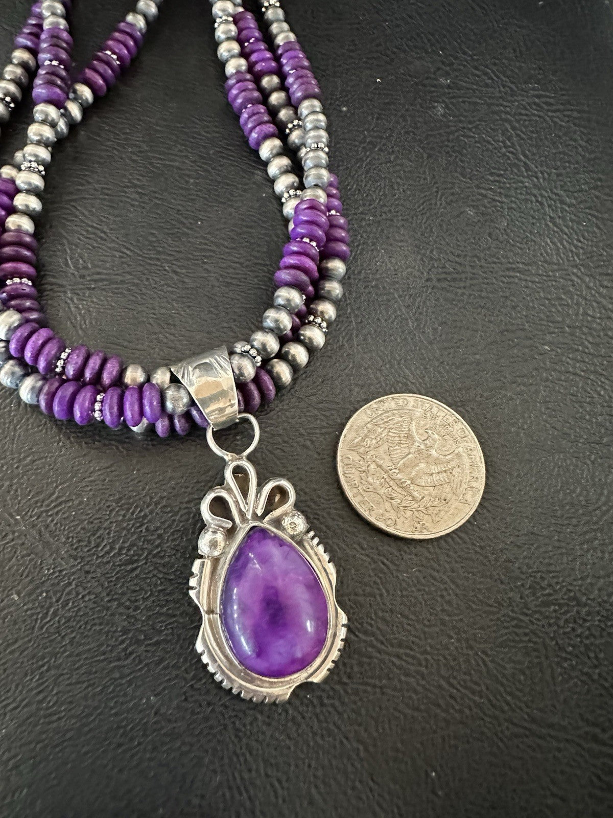 Navajo Sterling Silver 3 Strand Purple Stone Necklace Pendant 22” 19304