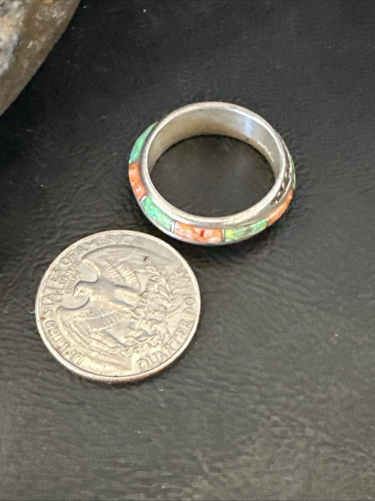 Green Opal Orange Spiny Navajo Sterling Silver Band Inlay Ring Size 9 18811