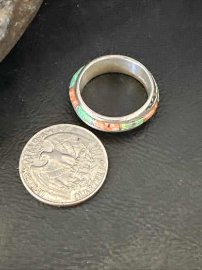 Green Opal Orange Spiny Navajo Sterling Silver Band Inlay Ring Size 9 18811