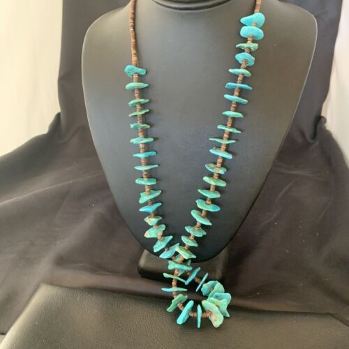 Navajo Sterling Silver Kingman Turquoise Shell Necklace 26" 11817