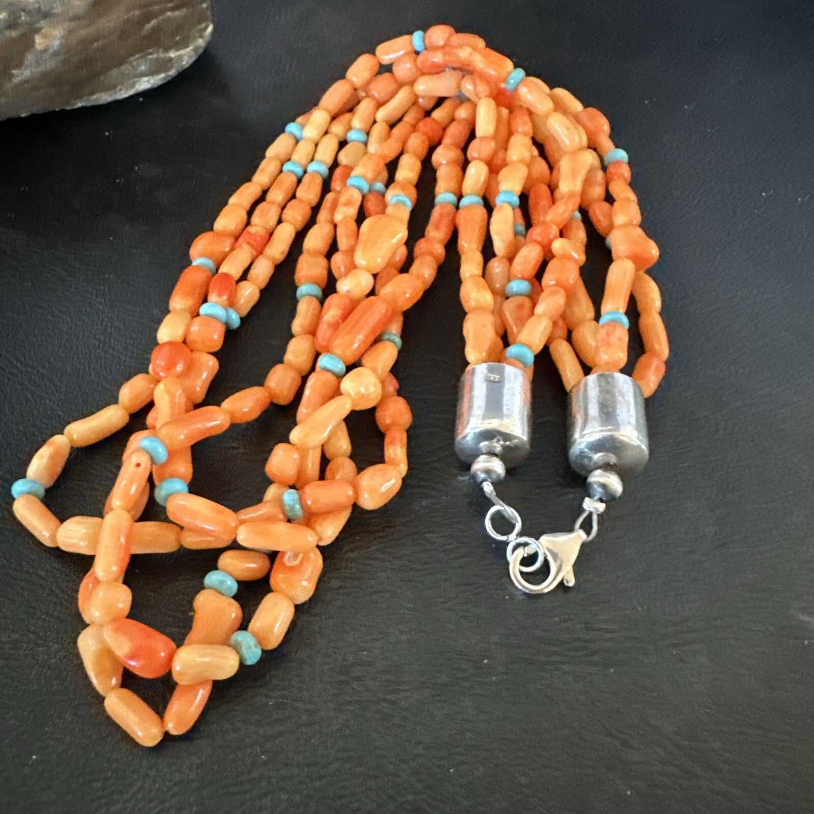 Native Turquoise Orange Coral Sterling Silver 4 Strand Necklace 21" 17820