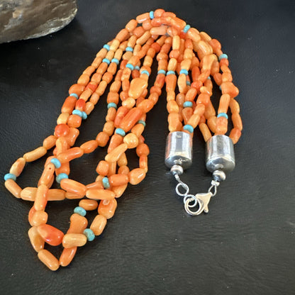 Native Turquoise Orange Coral Sterling Silver 4 Strand Necklace 21" 17820