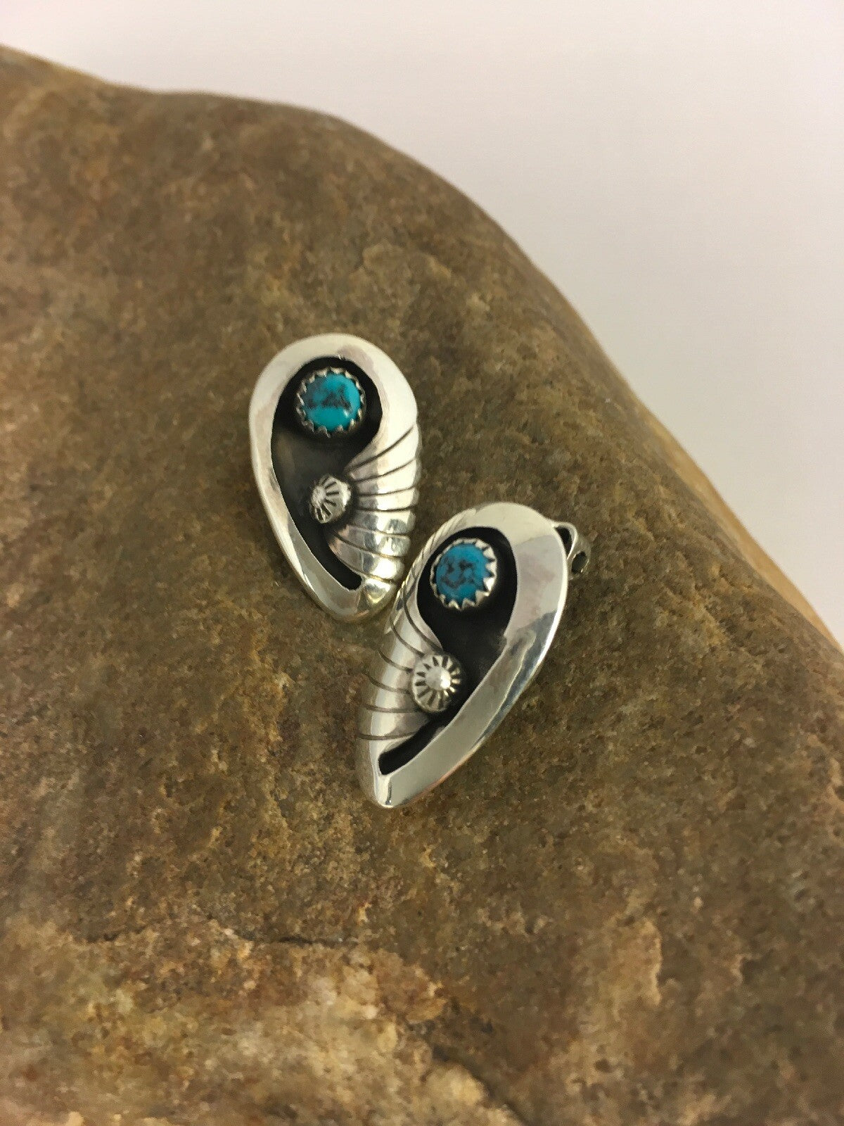 Blue Turquoise Clip-on Navajo Sterling Silver Old Pawn Earrings Set 08864