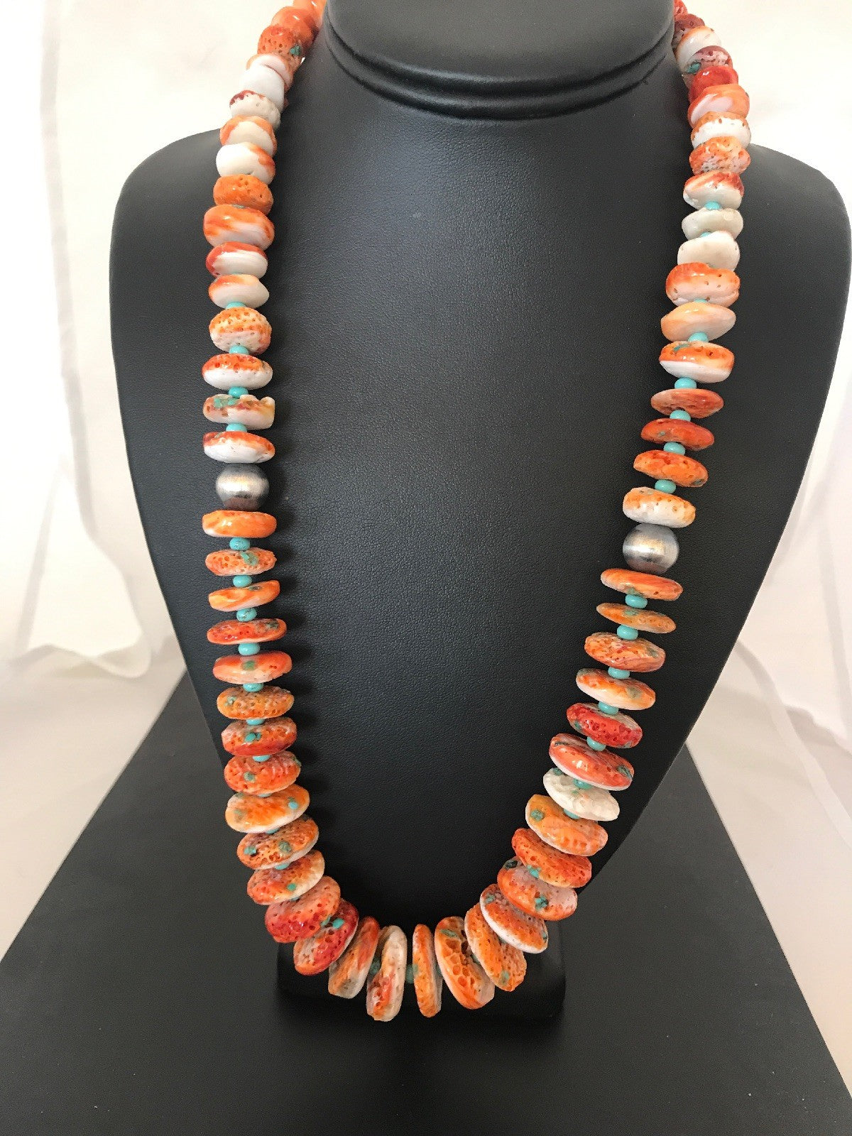 Orange Spiny Oyster Turquoise Navajo Indian Sterling Silver Necklace 22" 03607
