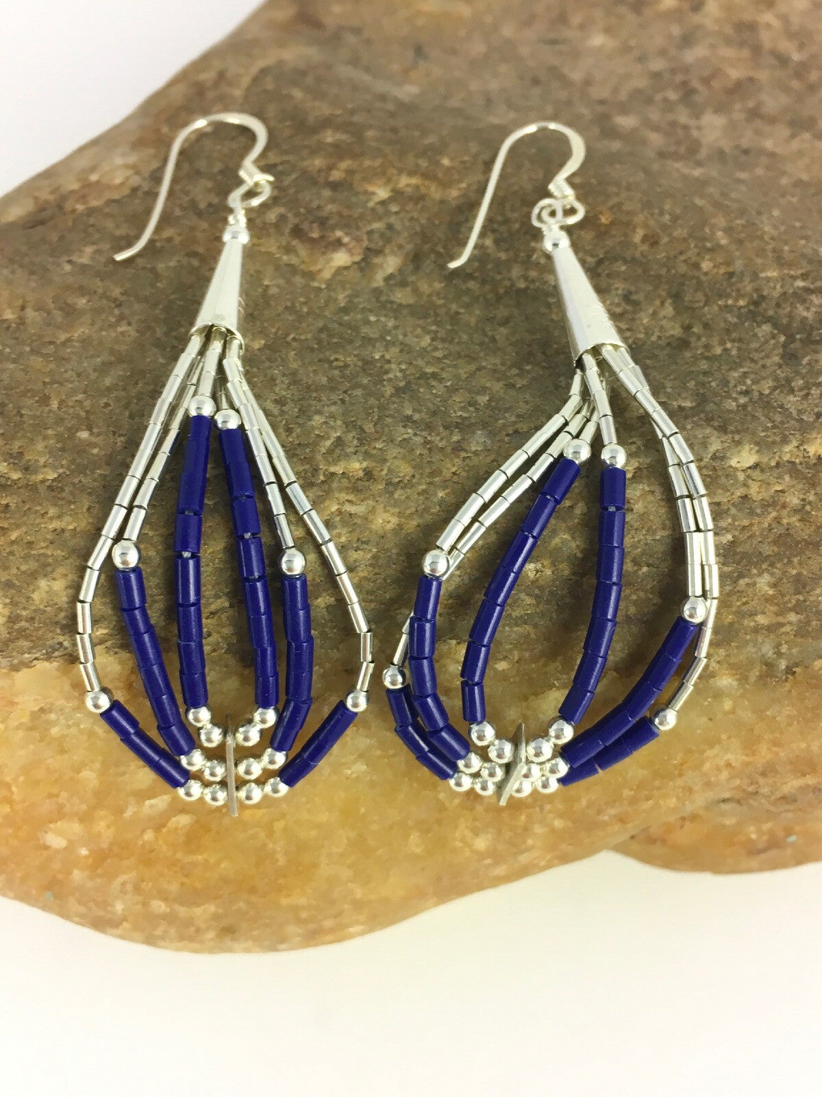 Lapis Lazuli Heishi Tube Liquid Sterling Silver Dangle Earrings 2" 08876