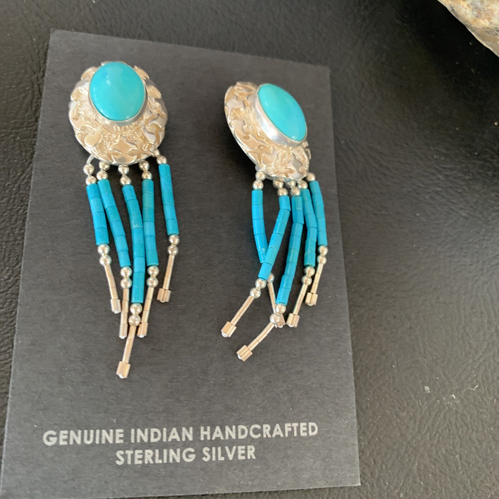 Native Womens Nugget Sterling Silver Blue Turquoise Dangle Earrings 2" 13013