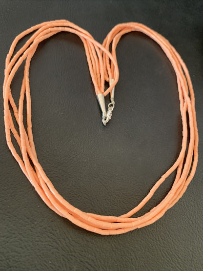Pink Coral Stabilized Bead 5 Strand Navajo Sterling Silver Necklace 02208