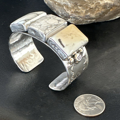 Mens Womens White Buffalo Turquoise Navajo Sterling Silver Cuff Bracelet 17945