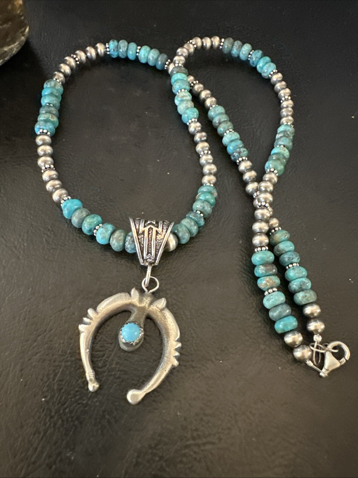 Blue Turquoise Naja Pendant 6mm Beads Navajo Sterling Silver Necklace 21" 18674