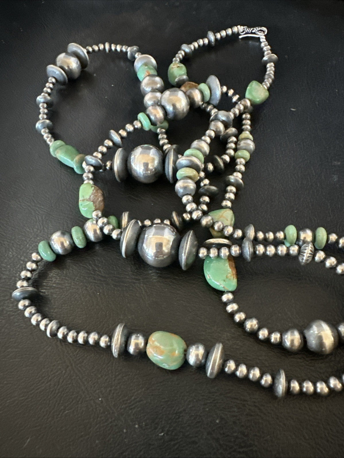 Native Navajo Sterling Silver Beads Green Royston Turquoise 48in Necklace 19116