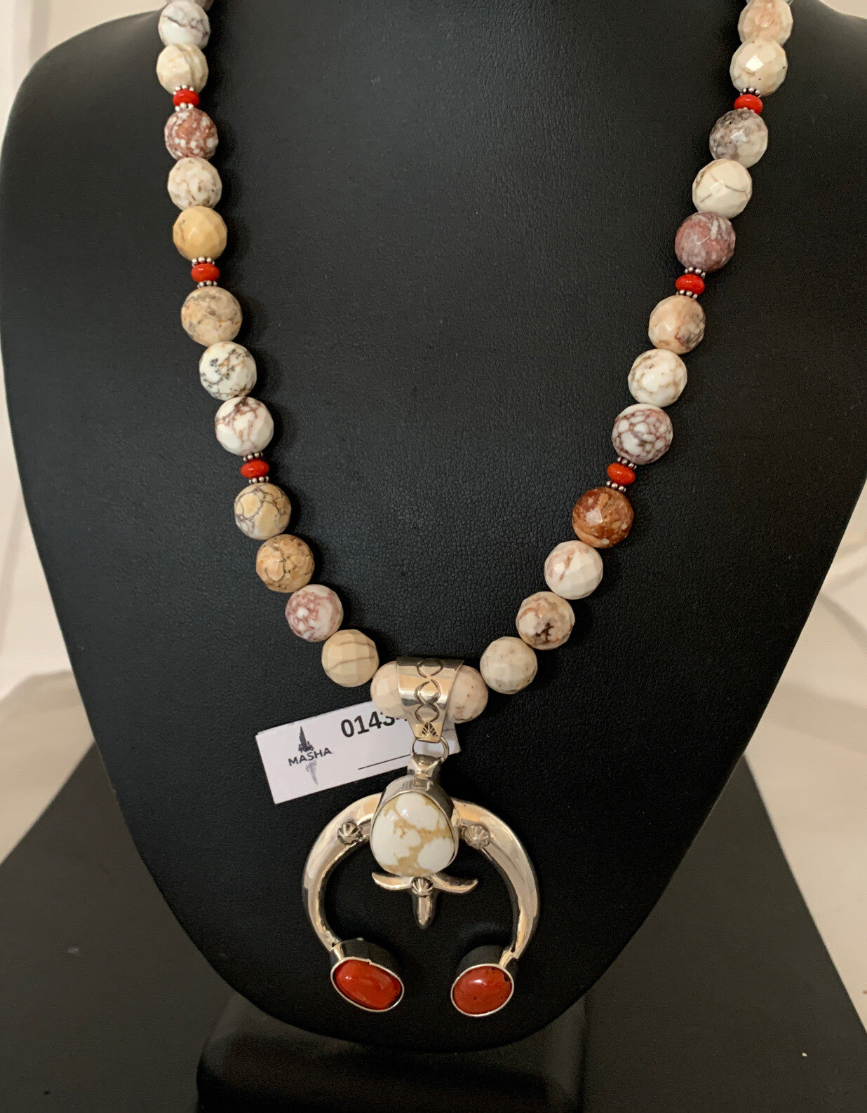 White Buffalo Turquoise Coral Naja Pendant Navajo Sterling Silver Necklace 01434
