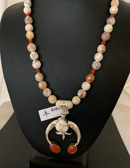 White Buffalo Turquoise Coral Naja Pendant Navajo Sterling Silver Necklace 01434