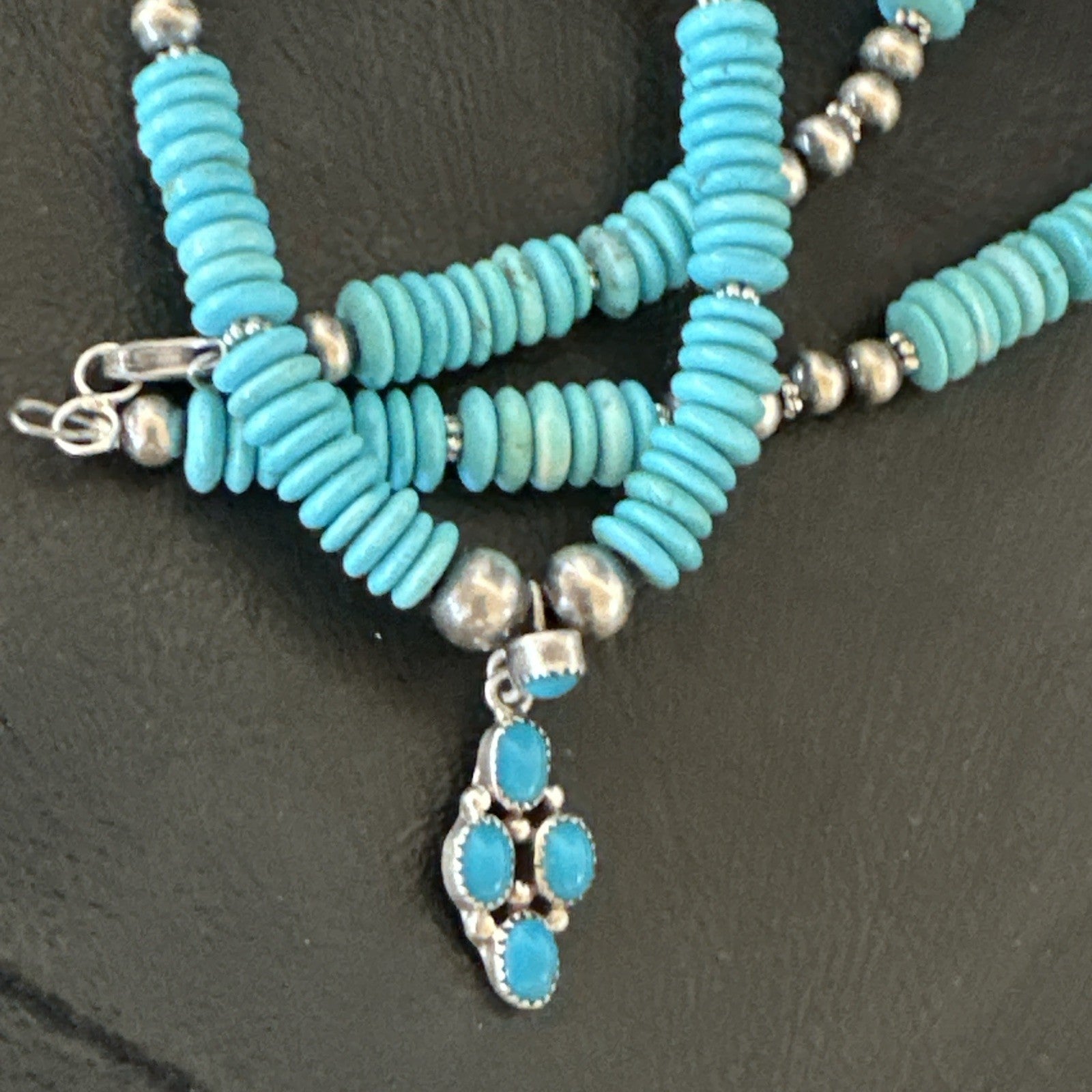 Blue Turquoise Cluster Pendant Navajo Sterling Silver Necklace 20" 19713
