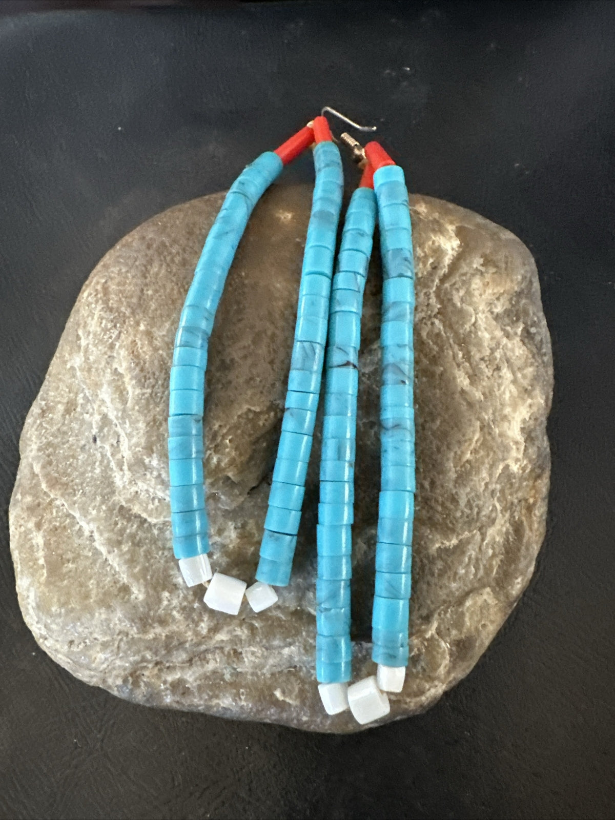 Blue Turquoise Coral Santo Domingo Sterling Silver Long Dangle Earrings 3" 17848