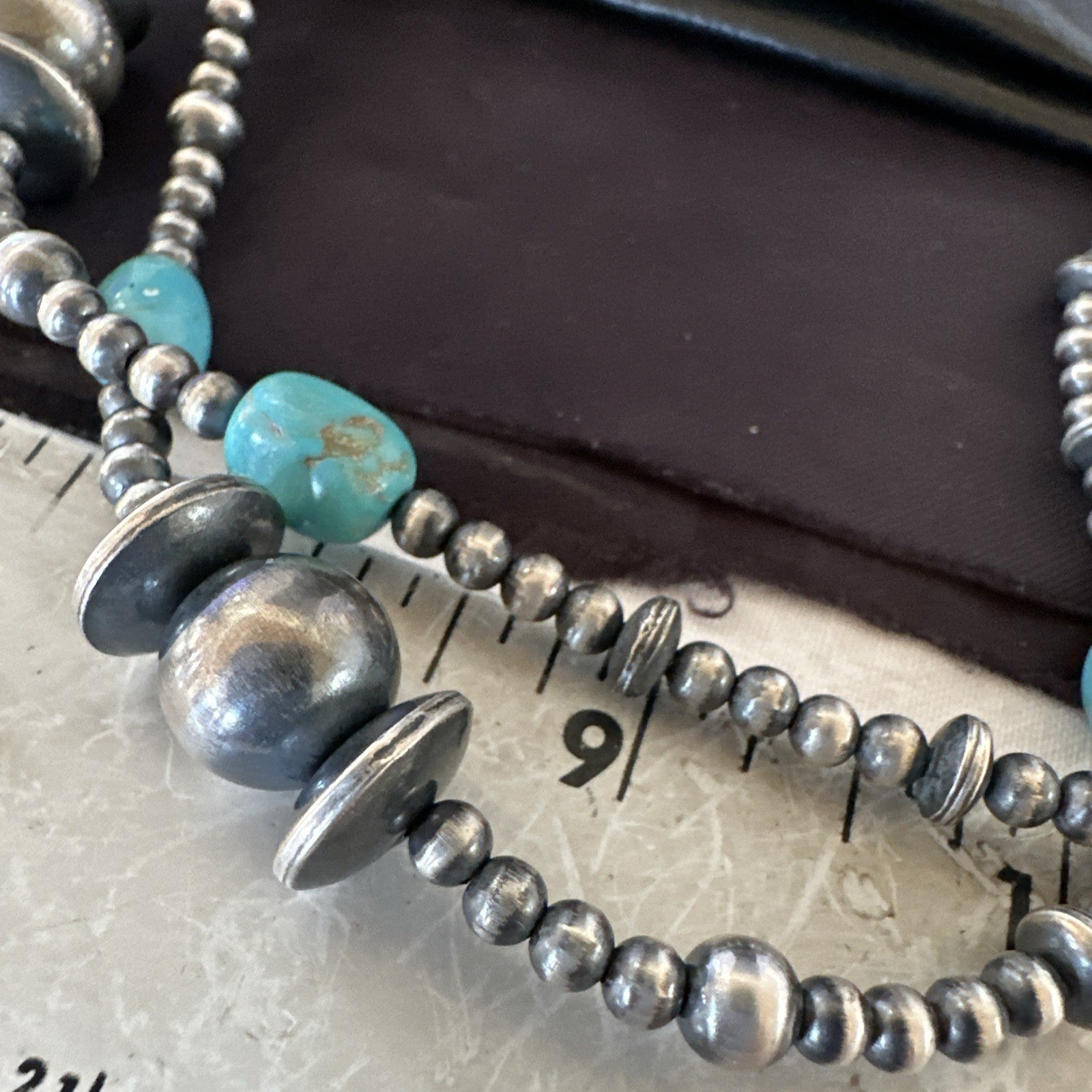 Native Navajo Sterling Silver Beads Blue Turquoise 72 in Necklace 19117