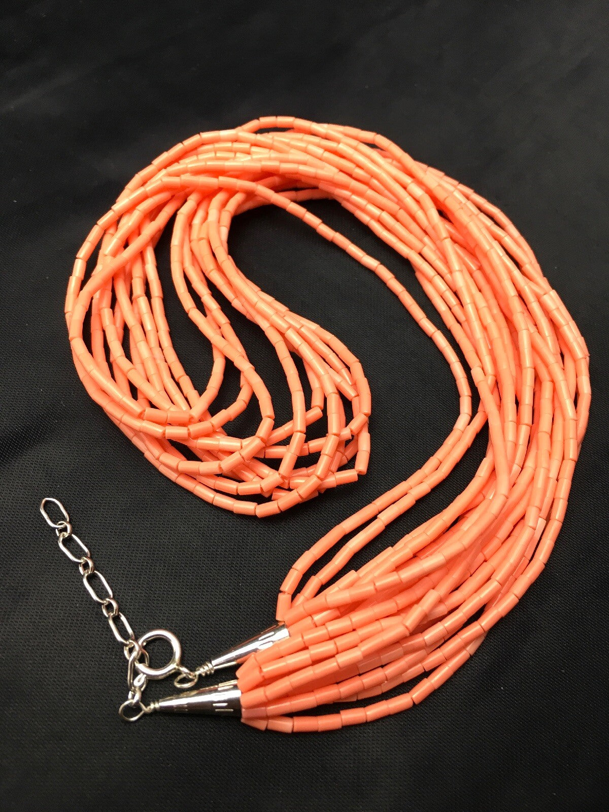 Native American Pink Coral Navajo Sterling Silver Necklace 10 Strand 4388