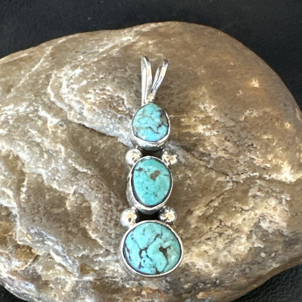 Blue Turquoise 3 Stone Navajo Cluster Pendant Only | Sterling Silver | Authentic Native American Handmade | 18349