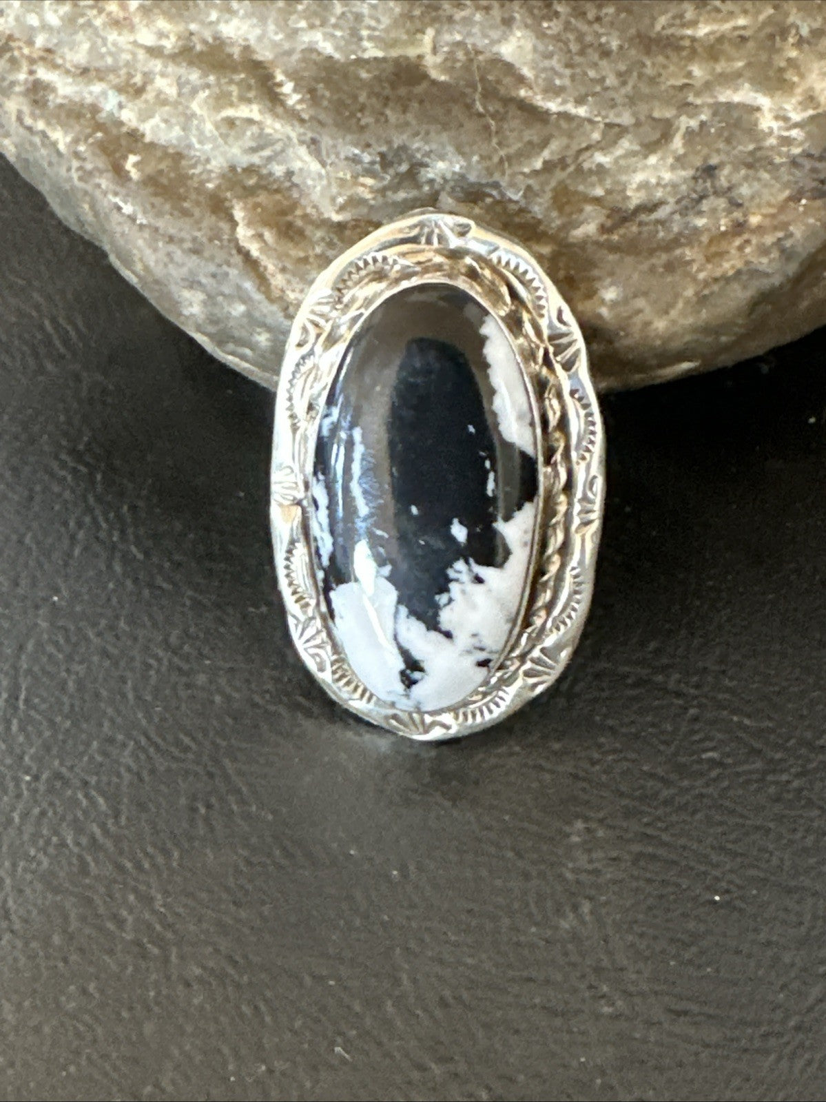 Black White Buffalo Turquoise Navajo Sterling Silver Ring Size 9.5 19809