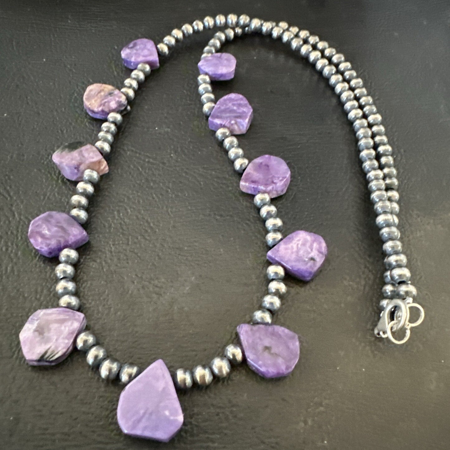 Purple Charoite Teardrop Navajo Pearls Sterling Silver Necklace 20" 17933