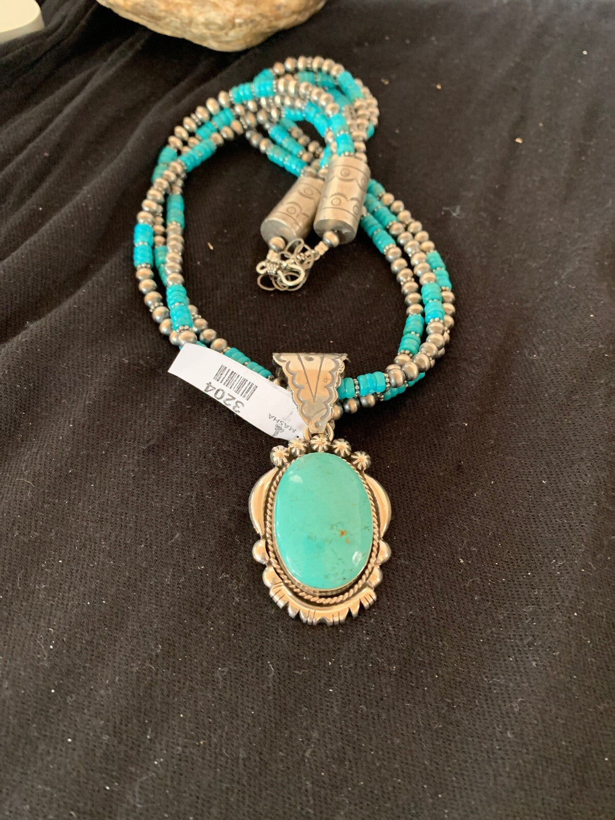 Kingman Turquoise Pendant 3 Strands Navajo Pearls Sterling Silver Necklace 03204
