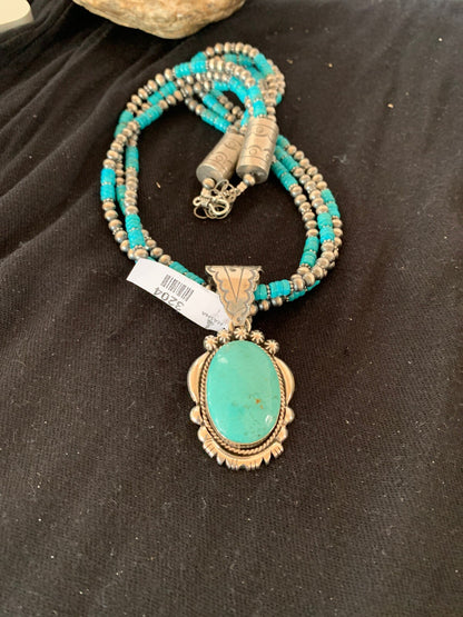 Kingman Turquoise Pendant 3 Strands Navajo Pearls Sterling Silver Necklace 03204