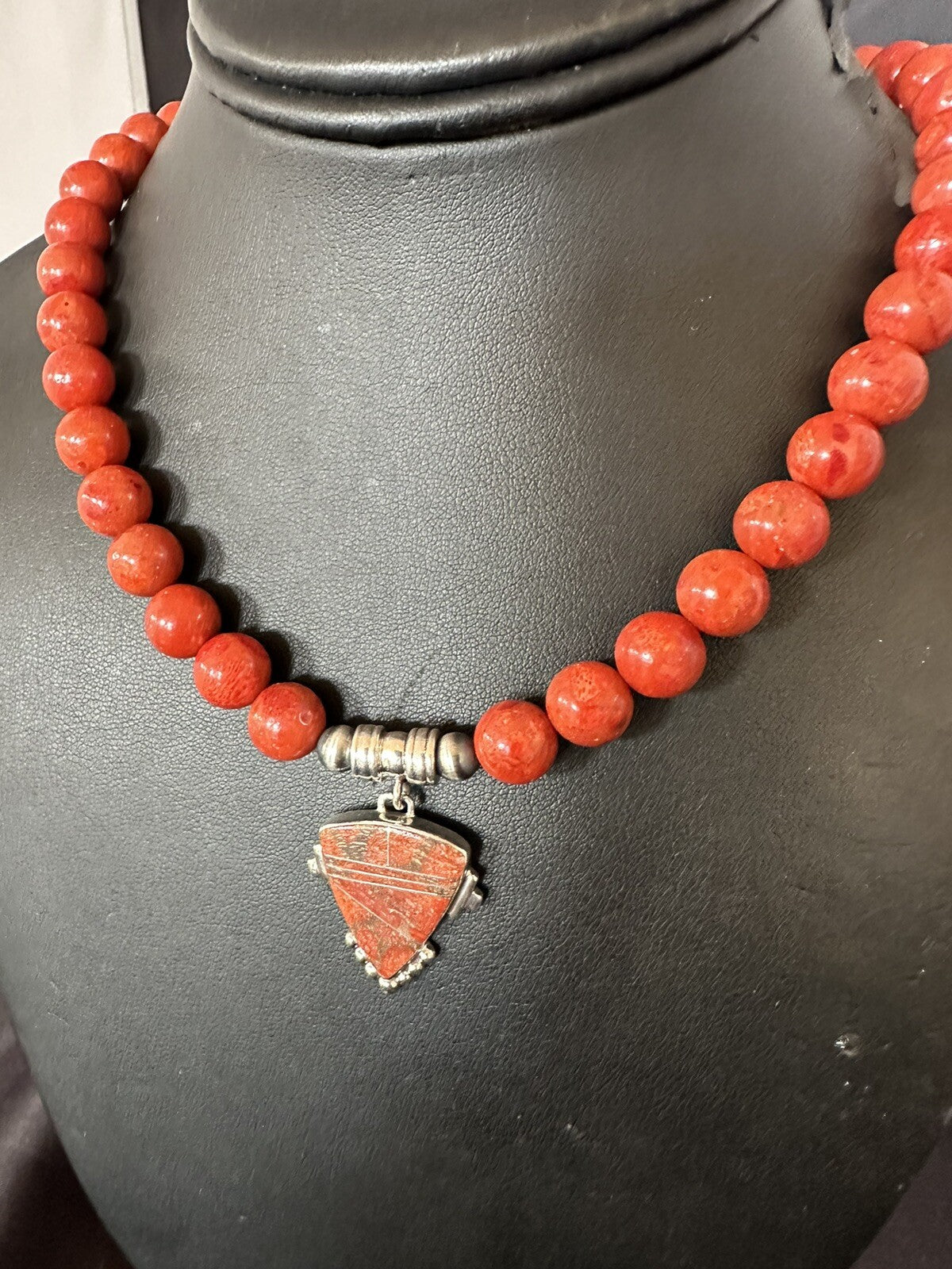 Navajo Apple Sponge Coral Sterling Silver Necklace Pendant 18328