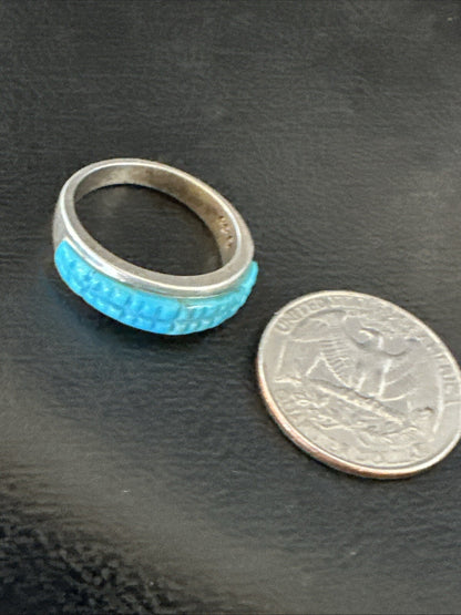 Blue Turquoise Navajo Sterling Silver Corn Inlay Band Ring Size 8.5 18815