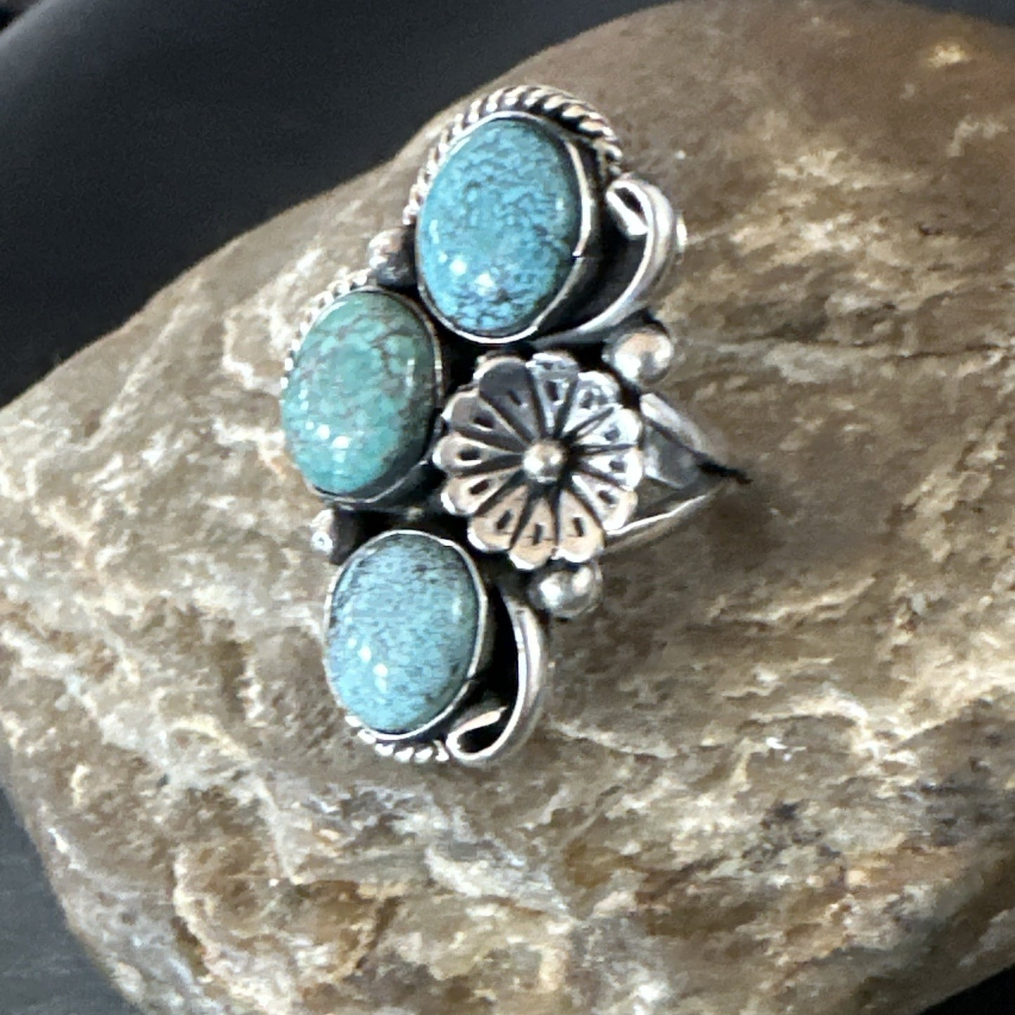 Yazzie Ring Blue Turquoise Navajo Sterling Silver Cluster Size 7 19240